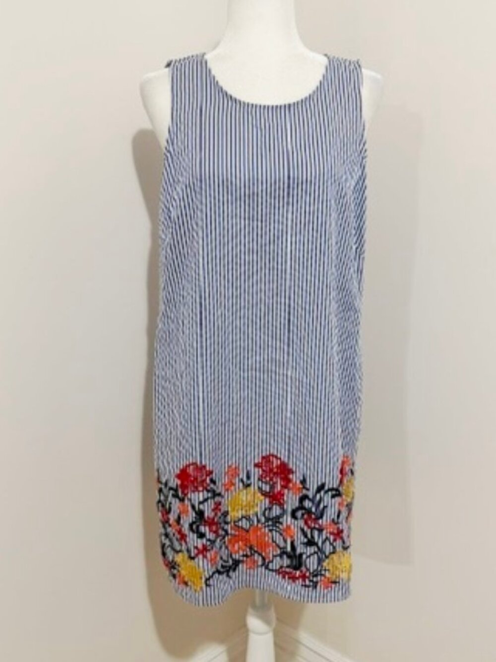 Sam and Jess Shift Dress Blue White Striped Floral Embroidered Sleeveless PL